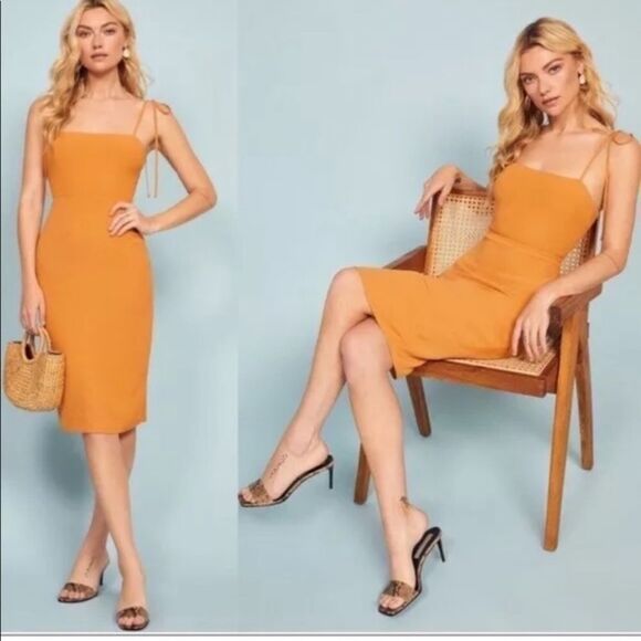 Reformation Jasper Midi Orange Dress Tie Strap Size 4 - Picture 1 of 9